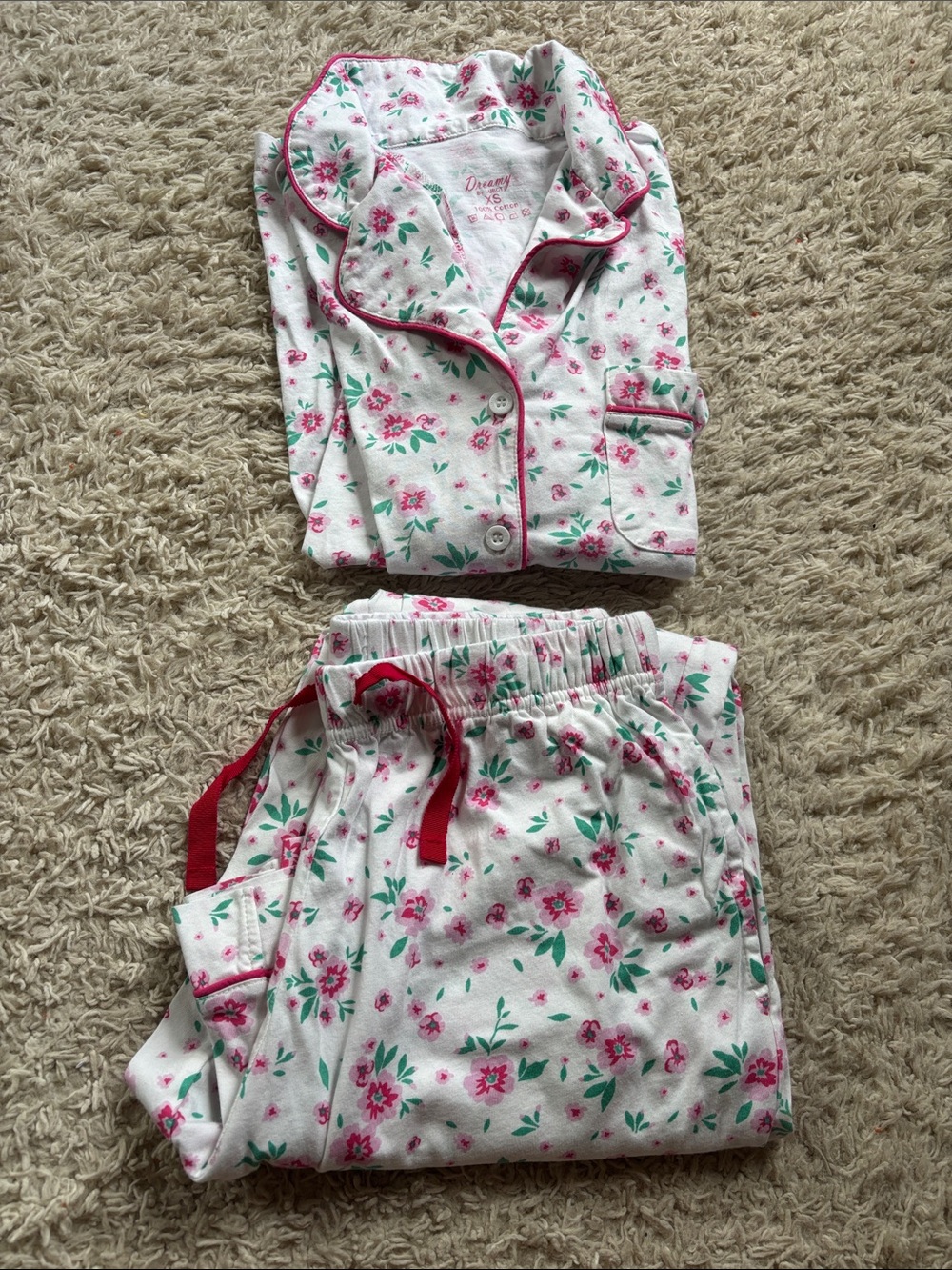 Girls and  Woman’s  Floral White and Pink Pajama Set with Green Accents